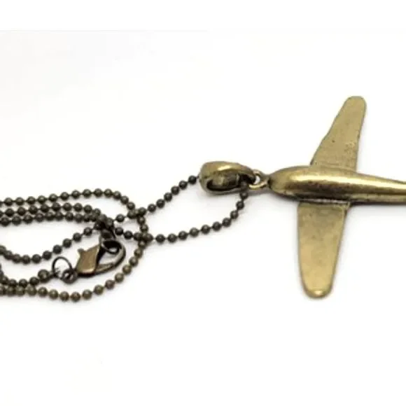 Antiqued Bronze Plane Pendant on 26" Ball Chain Lobster Claw Clasp - Picture 5 of 8
